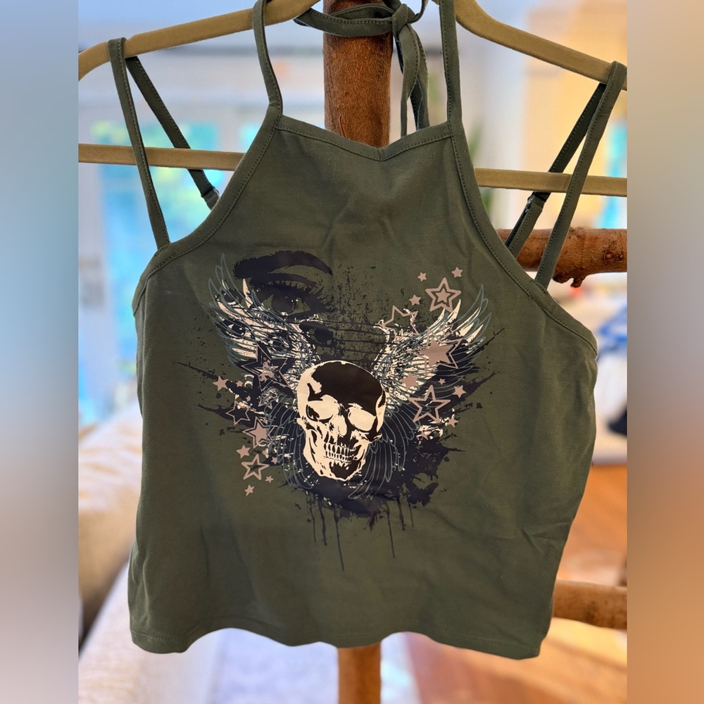 Olive Green Women's Graphic Halter Tank Top